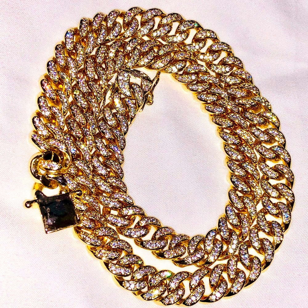 10k yellow gold vermeil Cuban link heavy chain for men, simulated diamonds  Sale